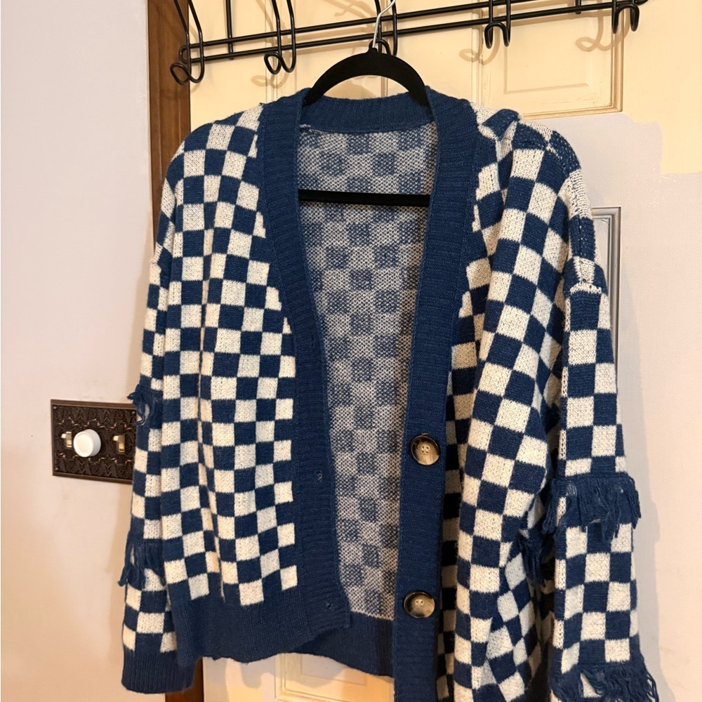 Blue and White Checkered Cardigan